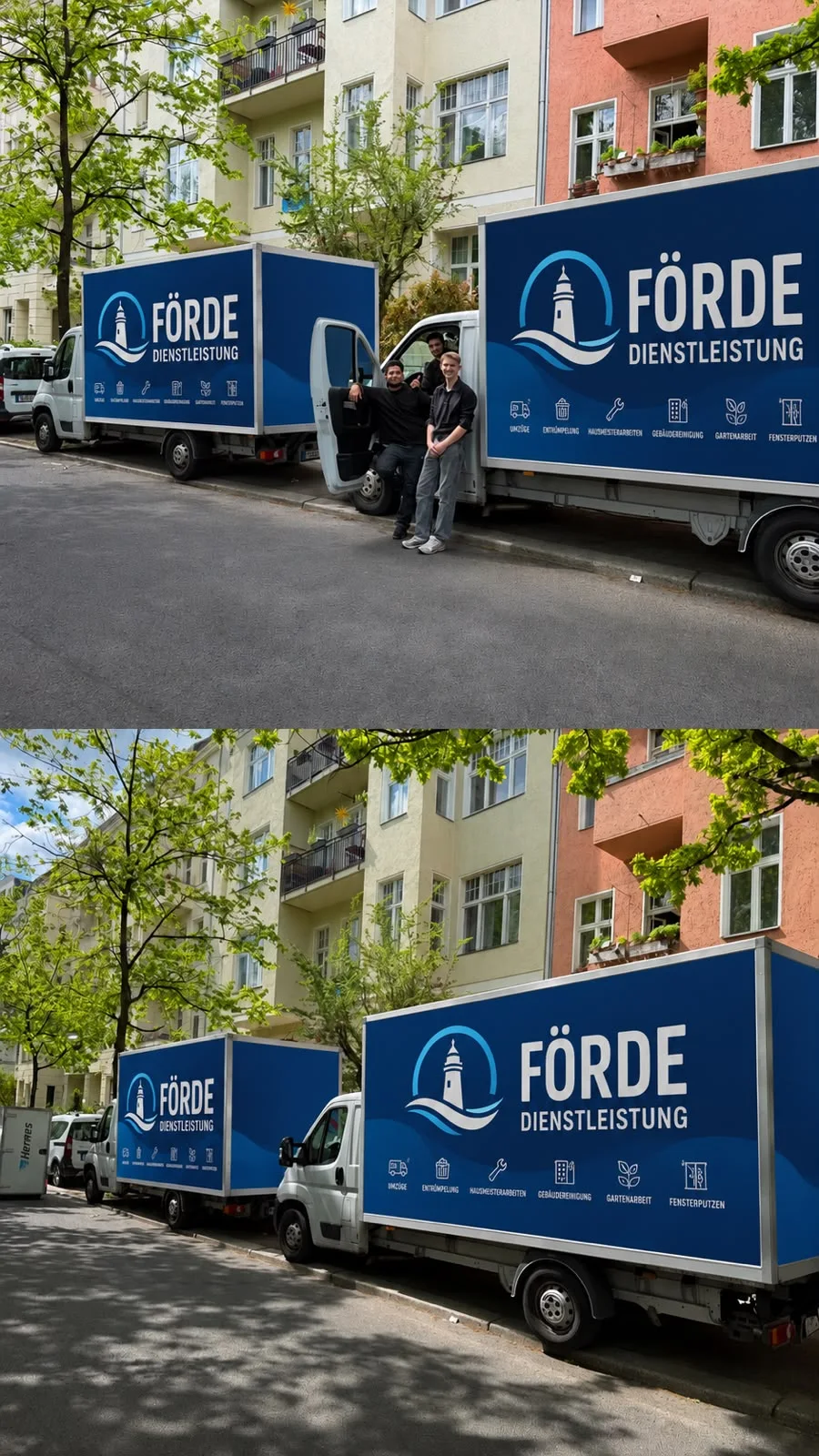 Team von Förde Dienstleistungen mit zwei beschrifteten Umzugsfahrzeugen