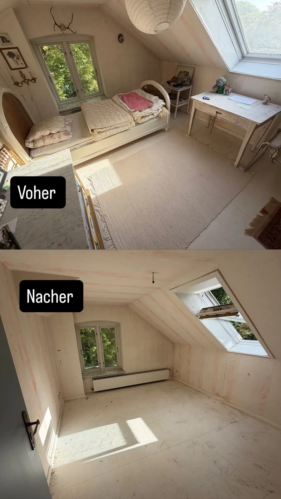 Dachzimmer vor und nach der Räumung
