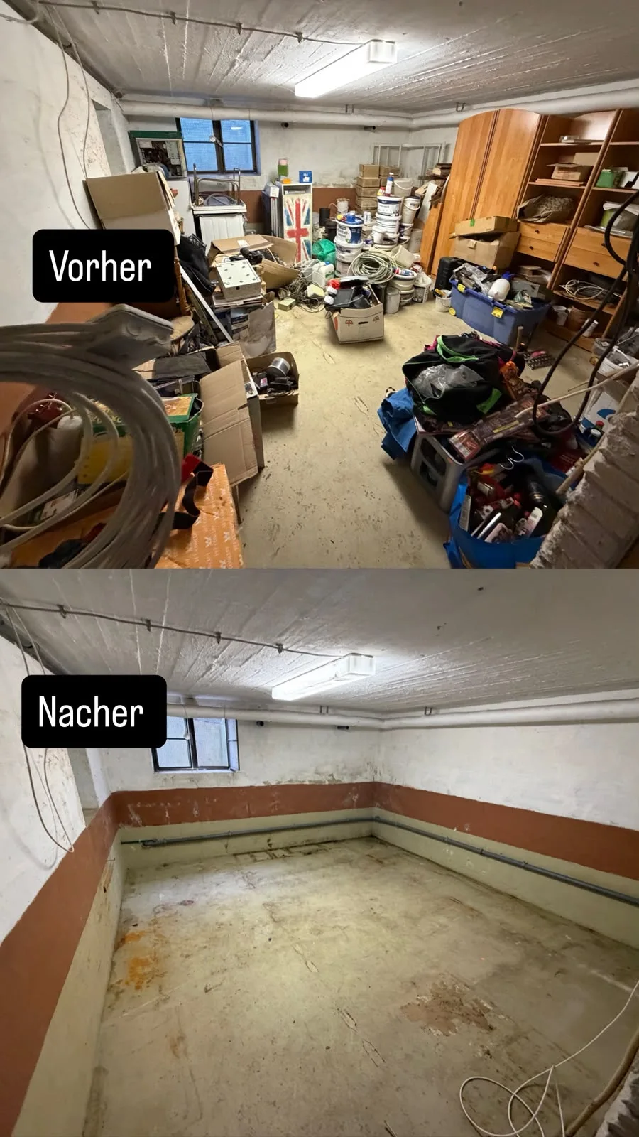 Kellerraum vor und nach der vollständigen Räumung